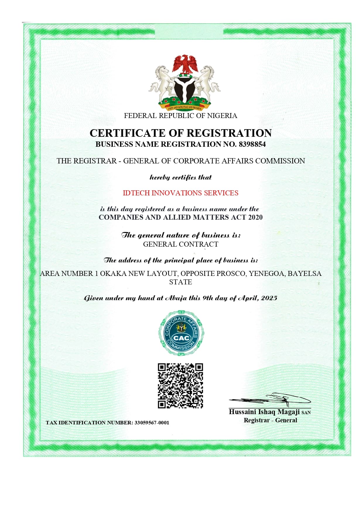 CAC certificate of registration for IDTECH INNOVATIONS SERVICES